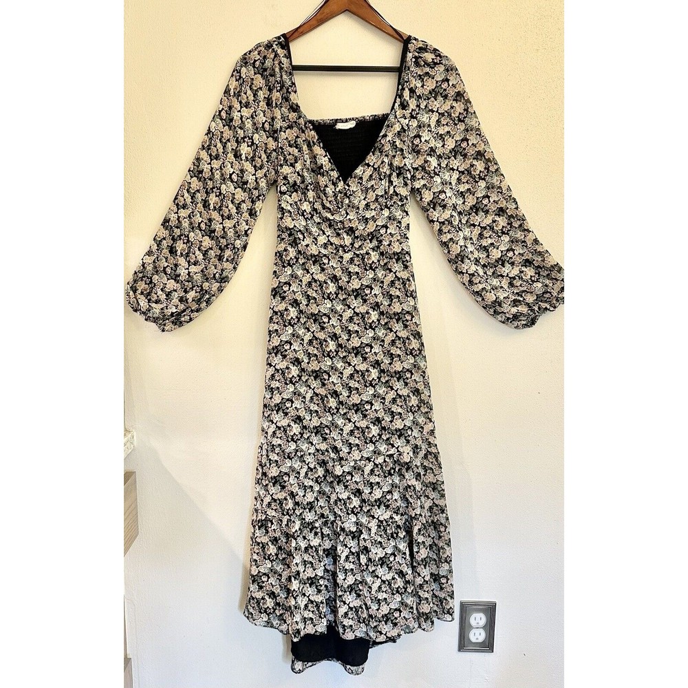 Lush Womens MIDI Dress W/ Puff Sleeve In Black Multi Floral- Size Large - Picture 1 of 14